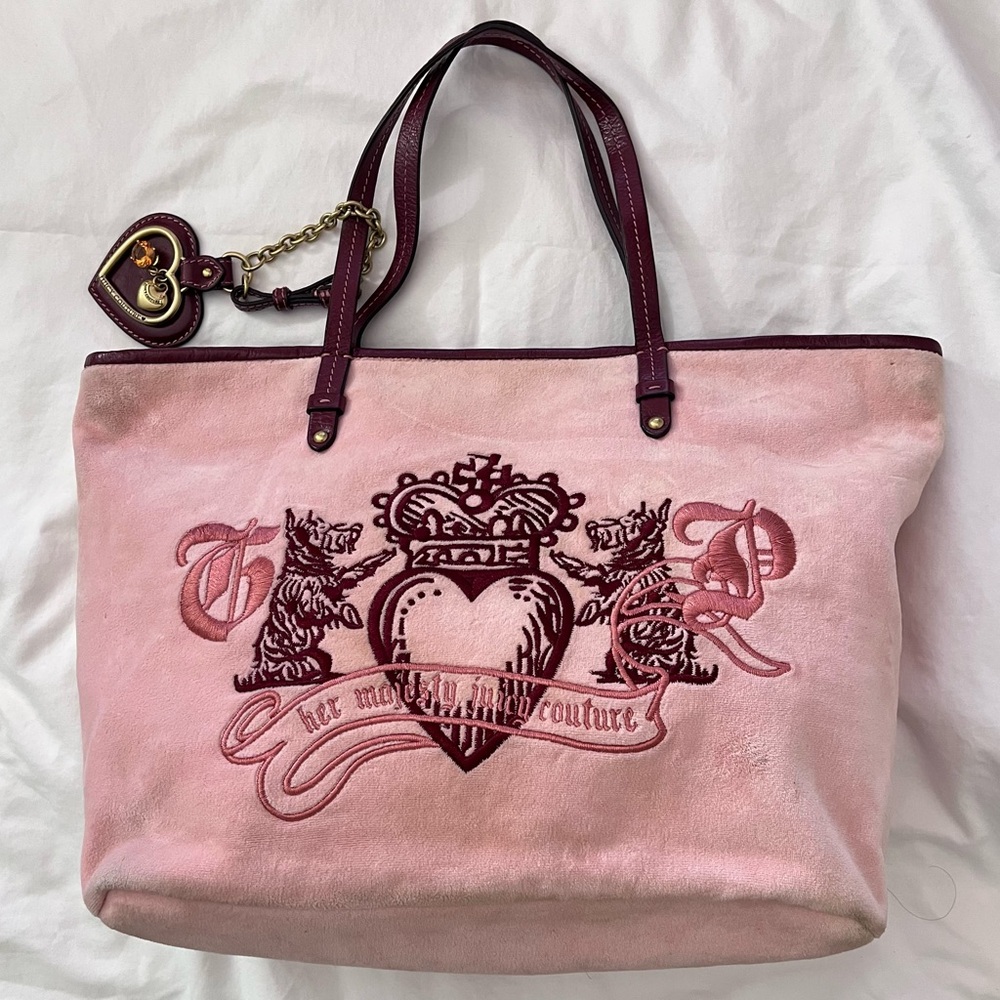 Juicy Couture shoulder tote in light pink velour with deep maroon leather trim